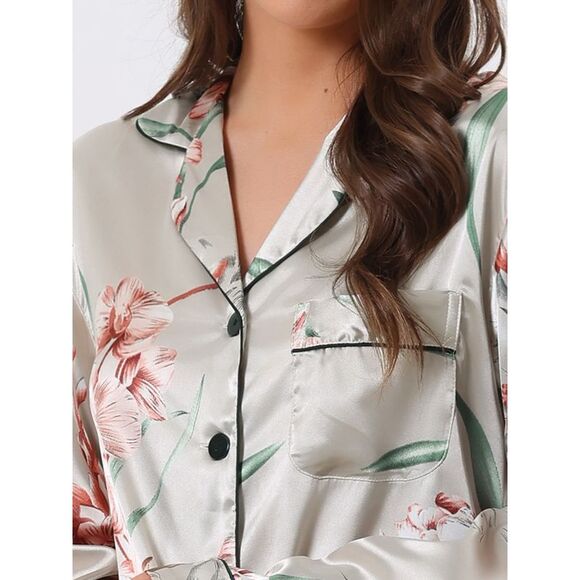 Womens Satin Floral Pajamas Sleepwear Long Sleeve Pjs Button Up Lounge Set Gray - Picture 4 of 5